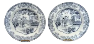 Antique Victorian Blue and White Plates, 1880, Set of 2
