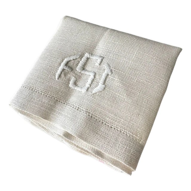 Antique French Monogrammed Linen Towel or Utility Cloth with Pink Stripes | Handwoven Textured Linen FSI Monogram | c. 1900 For Sale