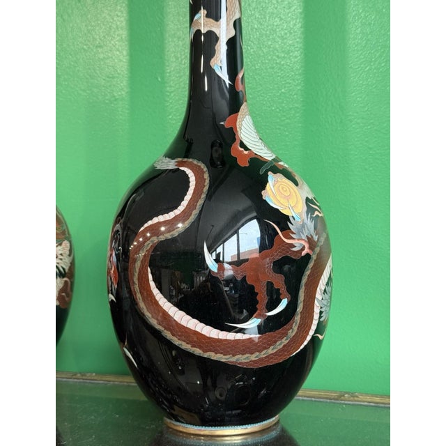 Japanese Monumental Pair of Meiji Japanese Cloisonne Enamel Dragons on Black Enamel Vases For Sale - Image 3 of 9