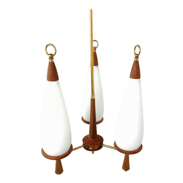 Vintage Teak Chandelier with White Glass Shades, 1960s For Sale