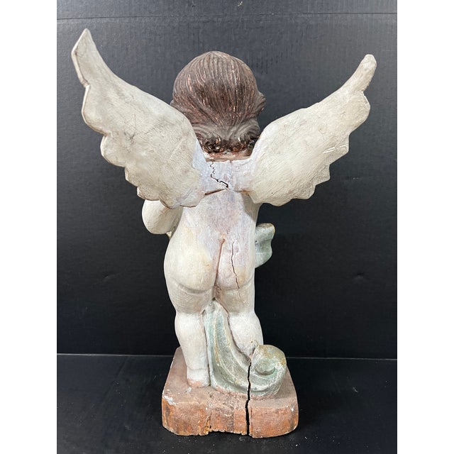 White Vintage Carved Wood Standing Angel Sculpture With Glass Eyes For Sale - Image 8 of 9