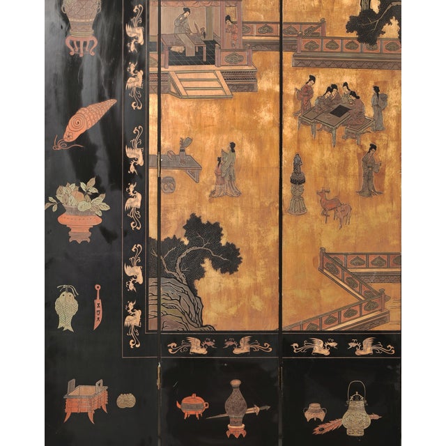 Chinese Export Eight-Panel Coromandel Screen Gilt Pavilion 10 Ft For Sale - Image 9 of 18