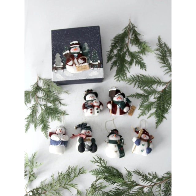 Farmhouse Vintage Felt Snowman Christmas Ornaments Set of 6 With Box For Sale - Image 3 of 11