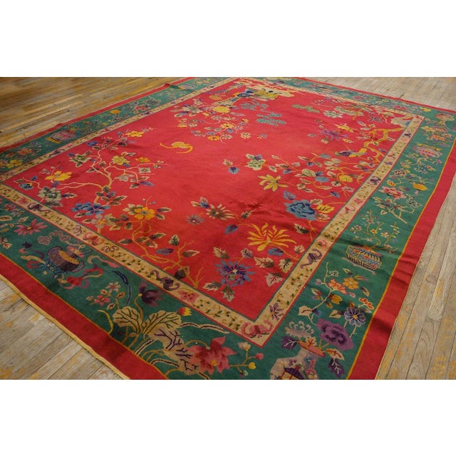 Art Deco 1920s Red Floral Vase Antique Chinese Art Deco Carpet 9' X 11' 8'' Handknotted Wool Rug For Sale - Image 3 of 9