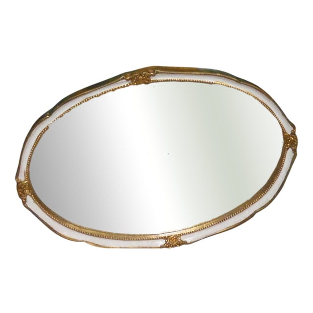 Large Vintage Shabby Chic Baroque White and Gold Oval Mirror, 1970s For Sale