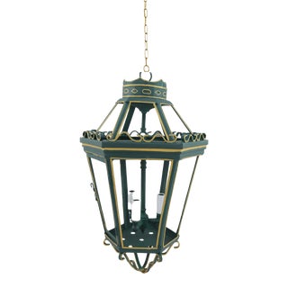Vintage 20th Century Neo-Gothic Green Iron Lantern Chandelier. For Sale
