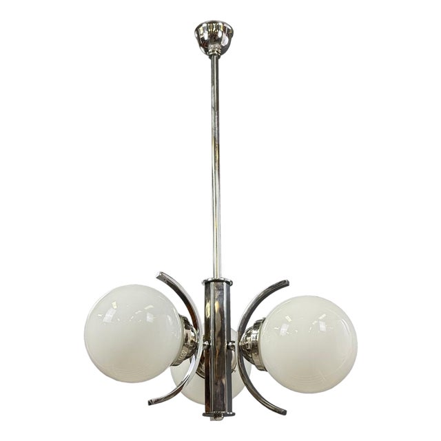 Art Deco Chrome Pendant Light with Opaline Glass Shades, 1930s For Sale