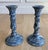 A striking pair of vintage blue and white marbleized ceramic candlesticks featuring richly swirled agateware / Aptware...