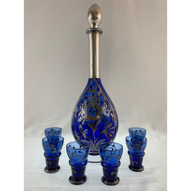 Vintage Blue Glass Decanter Set With Glasses 7 Piece Set Chairish