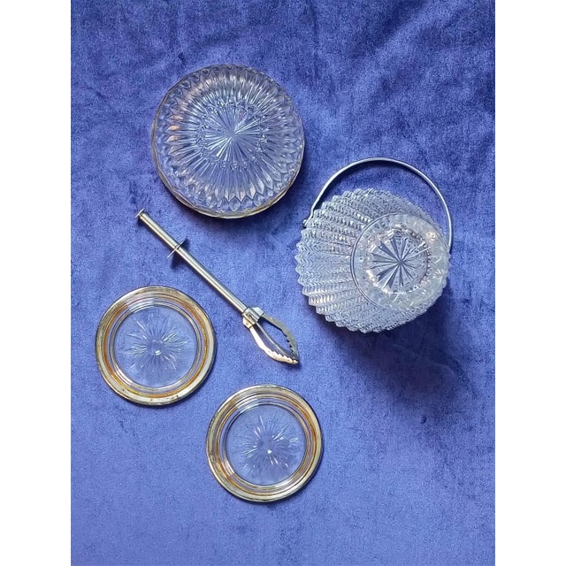 1960s Art Deco Pressed Glass and Silver Rim With Ice Bucket Coasters Pinch Bowl and French Claw Ice Tongs - 5 Piece Bar Set For Sale - Image 14 of 17