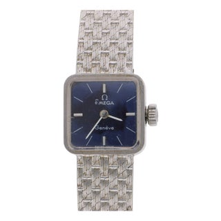 Vintage Omega Geneve Ladies 18k White Gold Blue Dial Square Mesh Bracelet Watch For Sale