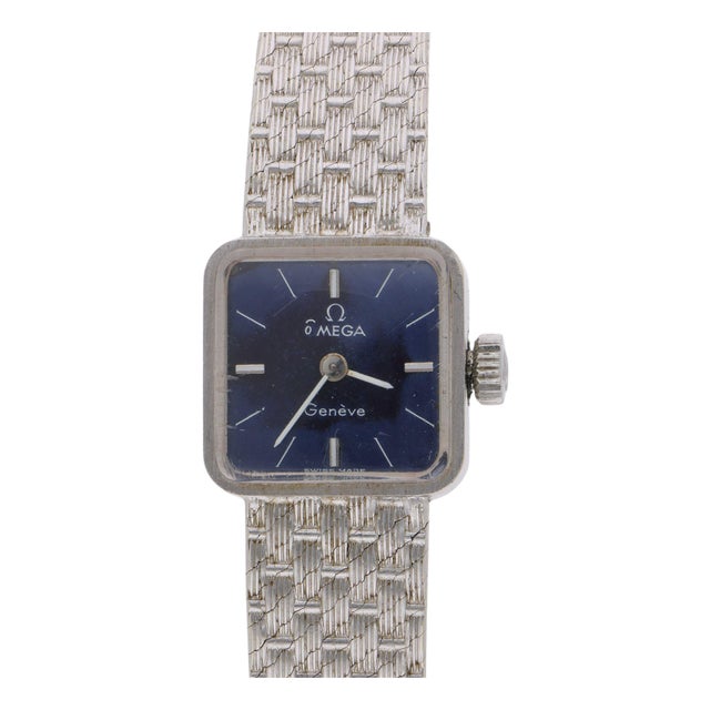 Vintage Omega Geneve Ladies 18k White Gold Blue Dial Square Mesh Bracelet Watch For Sale