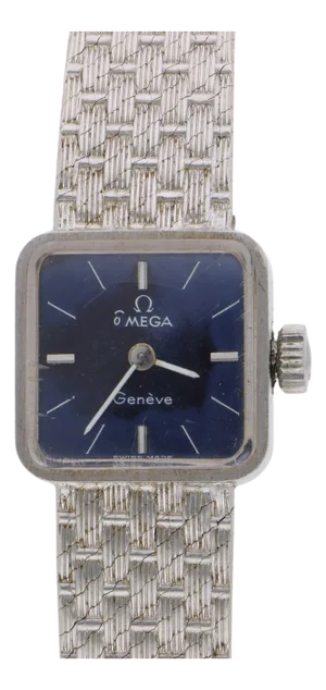 Vintage Omega Geneve Ladies 18k White Gold Blue Dial Square Mesh Bracelet Watch