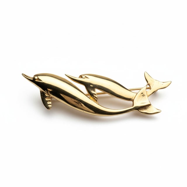 Vintage Tiffany and Company 14 Karat Yellow Gold Two Swimming Dolphins 2.4 Inch For Sale - Image 10 of 13