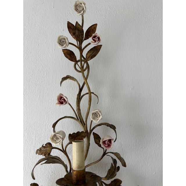Big Wrought Iron Sconces 3 Lights Roses in Pink & White, C 1900 For Sale - Image 6 of 9