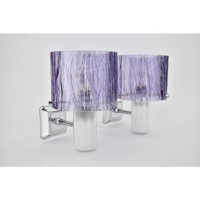 Mid 20th Century Vintage Mid Century Modern Amethyst Wall Sconces Silver Lights | Fixtures Bedside Purple French Ice Glass - a Pair For Sale - Image 5 of 9