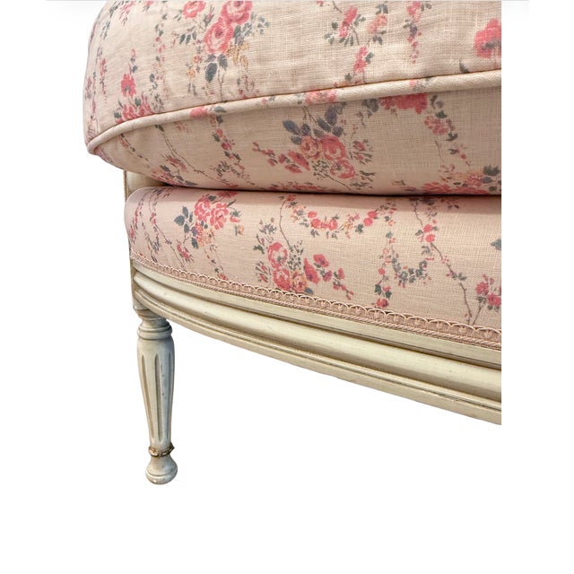 Gorgeous 20th Century French Settee With New LoveShackFancy Linen Upholstery For Sale - Image 9 of 9