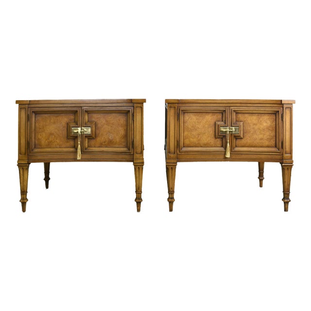 Mid Century Transitional Curve Front Burlwood Nightstands by Weiman - a Pair For Sale