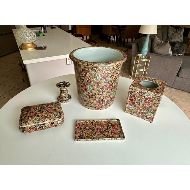 Purple Chinese Bathroom Accessory Set Floral Porcelain Vintage For Sale - Image 8 of 17