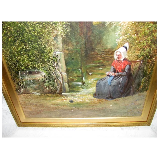 A large gouache and watercolor painting by Robert Frier, RSA 1855-1912, Scotland, The painting depicts a women knitting a...
