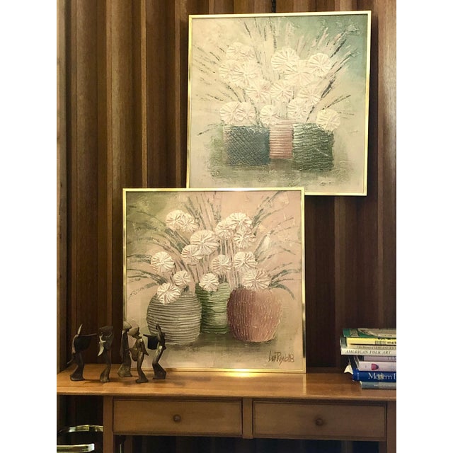 Original 1970s framed paintings on canvas, each of 3 vases with flowers. Large, square paintings with brushed brass frame....