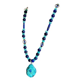 Artisan One-of-a-Kind Gemstone Necklace With Vintage Arizona Turquoise, Lapis Lazuli & Blue Chalcedony For Sale