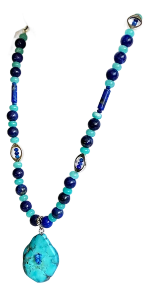 Artisan One-of-a-Kind Gemstone Necklace With Vintage Arizona Turquoise, Lapis Lazuli & Blue Chalcedony
