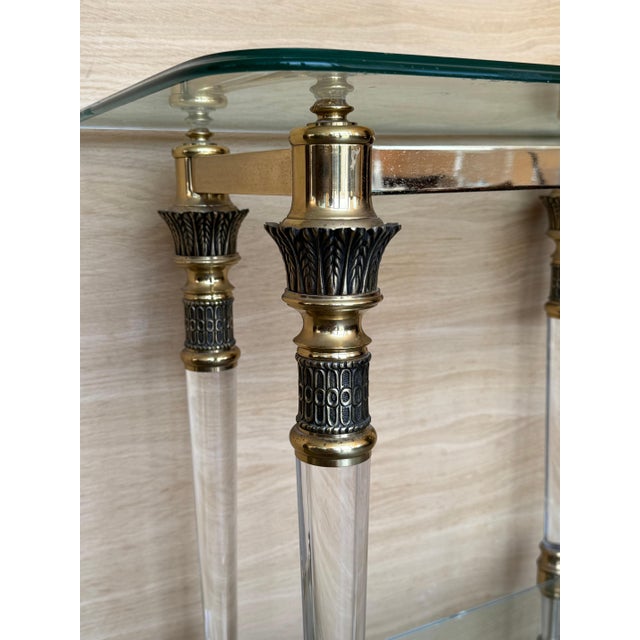 Metal Late 20th Century Claude Dalle Style Narrow Console Table with Glass Top, Lucite and Bronze For Sale - Image 7 of 18