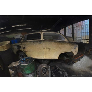 8th and Watts by Brad Davis | Oil on wood panel of a vintage car in a garage setting For Sale