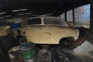 8th and Watts by Brad Davis | Oil on wood panel of a vintage car in a garage setting