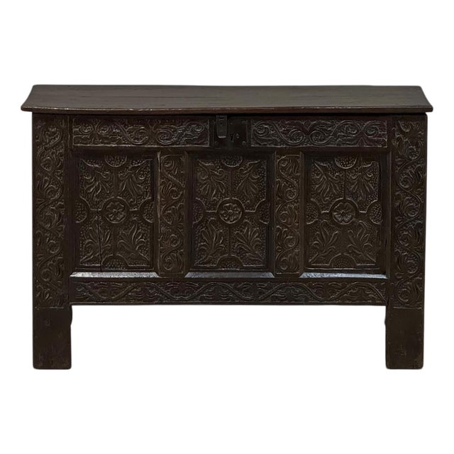 18th Century Dutch Gothic Revival Period Carved Oak Trunk ~ Blanket Chest For Sale