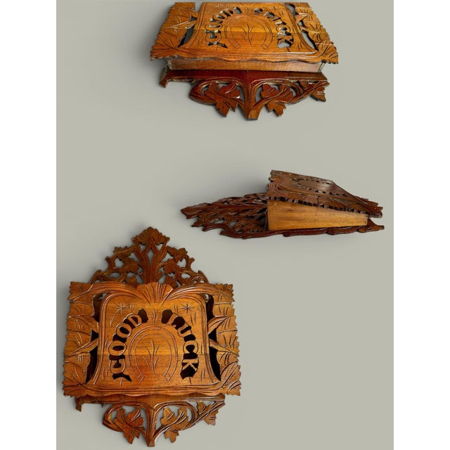 Beautiful hand-carved Victorian wall pocket featuring a horseshoe and "Good Luck" motif surrounded by deeply carved leaves...