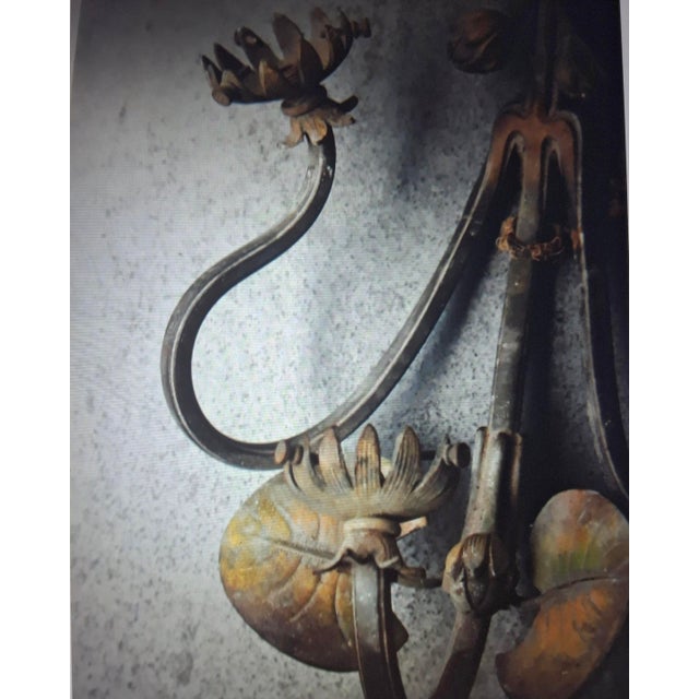 Metal C1890 French Art Nouveau Polychromed Bronze Lily Pad Fleur Wall Sconce For Sale - Image 7 of 12