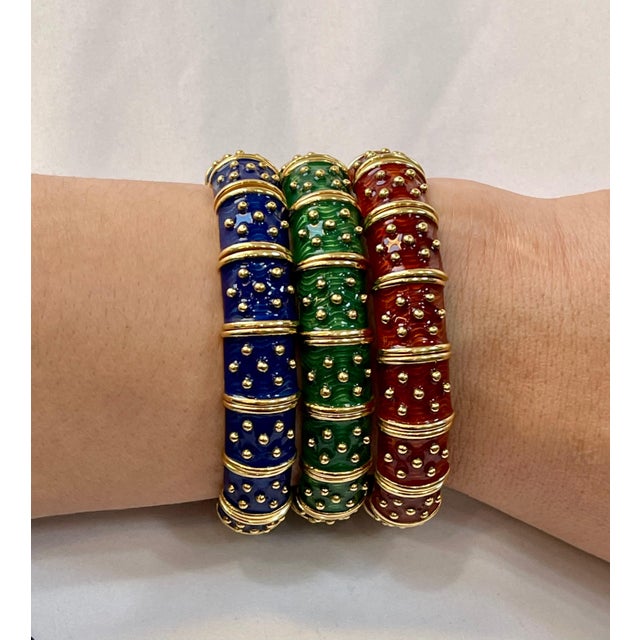 Late 20th Century Three-Piece Bangel / Cuff Set Red Green & Blue Enamel 18 Kt Gold 286 Gm, Hidalgo For Sale - Image 13 of 18