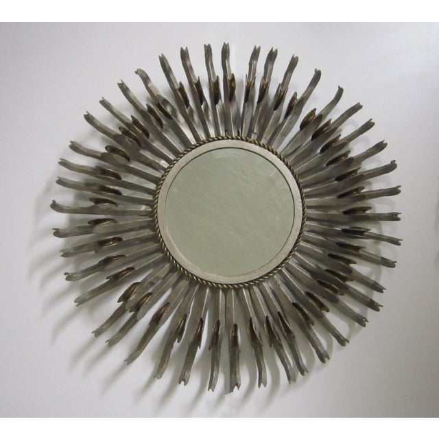 Mid-Century Modern Mid-Century Silver & Golden Bronze Accents Sunburst / Soleil Mirrors - a Pair For Sale - Image 3 of 12