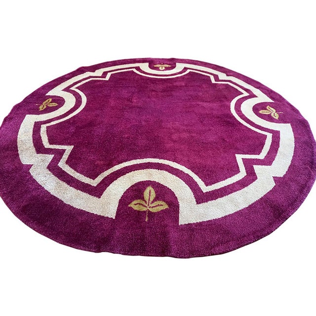 Art Deco 1930s Purple Round Minimalist Antique French Art Deco Rug 9' 2" X 9' 2" Handknotted Wool Carpet For Sale - Image 3 of 7