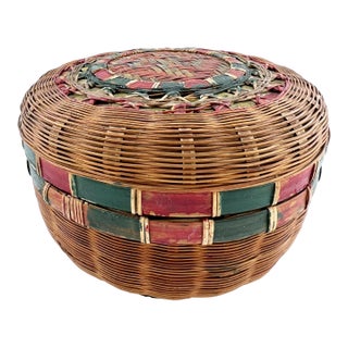 Antique Round Lidded Painted Wicker Sewing Basket With Red & Green Decoration For Sale