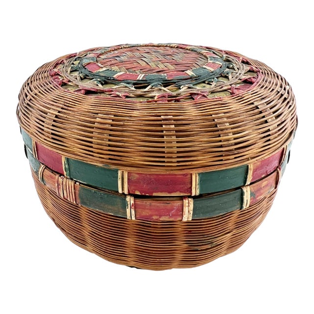 Antique Round Lidded Painted Wicker Sewing Basket With Red & Green Decoration For Sale