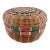 Antique Round Lidded Painted Wicker Sewing Basket With Red & Green Decoration For Sale