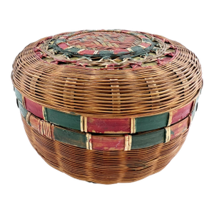 Antique Round Lidded Painted Wicker Sewing Basket With Red & Green Decoration