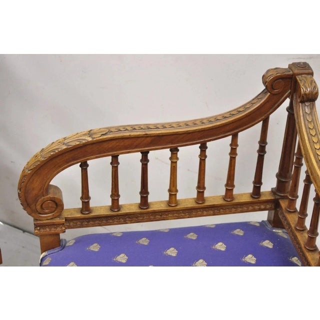 Wood Antique French Louis XVI Style Carved Walnut Lyre Harp Corner Lounge Chair Pair For Sale - Image 7 of 12