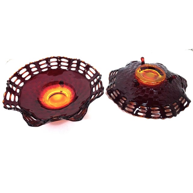Antique Mt. Washington Rose Amber Pair of Reticulated Low Compotes For Sale - Image 4 of 12