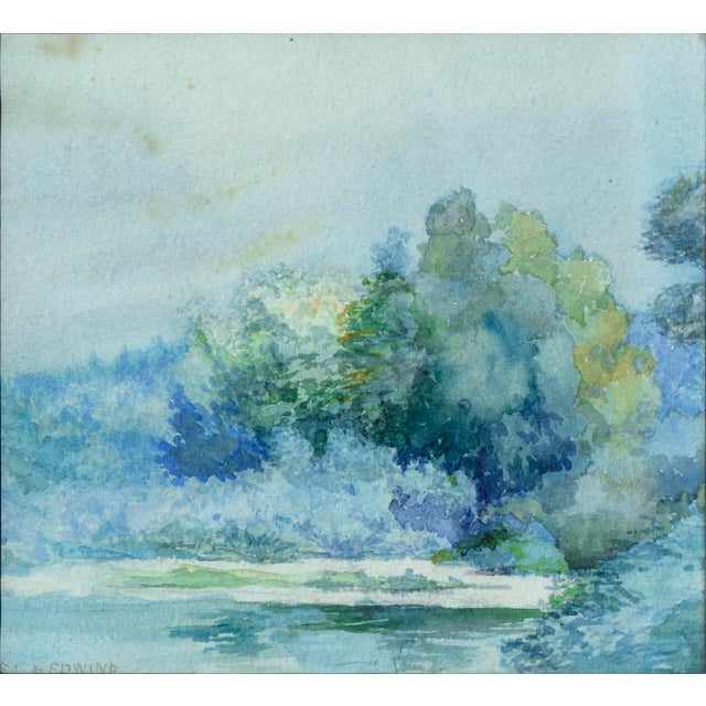 Beautiful impressionistic watercolor of lush foliage at the water's edge by Emma Lou Redwine (American, 1879-1968). Signed...