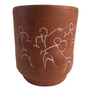 Vintage Mexican Hand Decorated Terracotta Planter or Cachepot For Sale