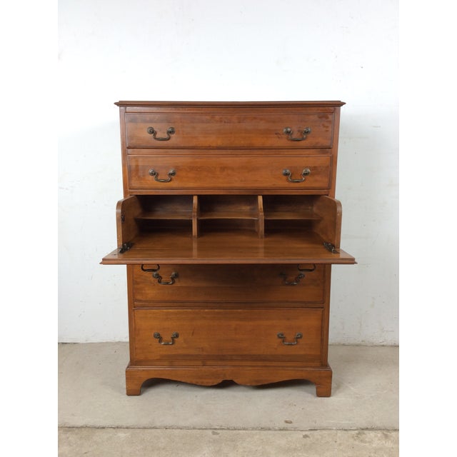 Mid Century Colonial Revival Highboy Dresser With Stow Away Writing Desk For Sale - Image 9 of 12