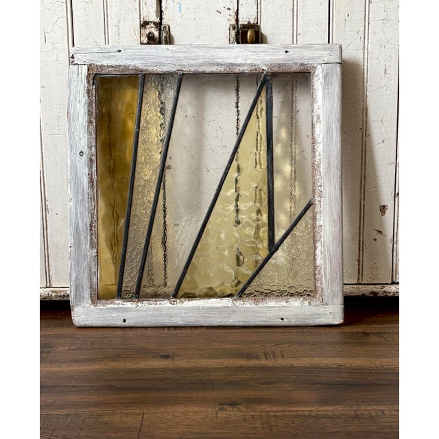 Mid-Century Modern Antique Glass Wood Frame Stained Prairie School Window - Geometric Reversible Wood Frame For Sale - Image 3 of 10