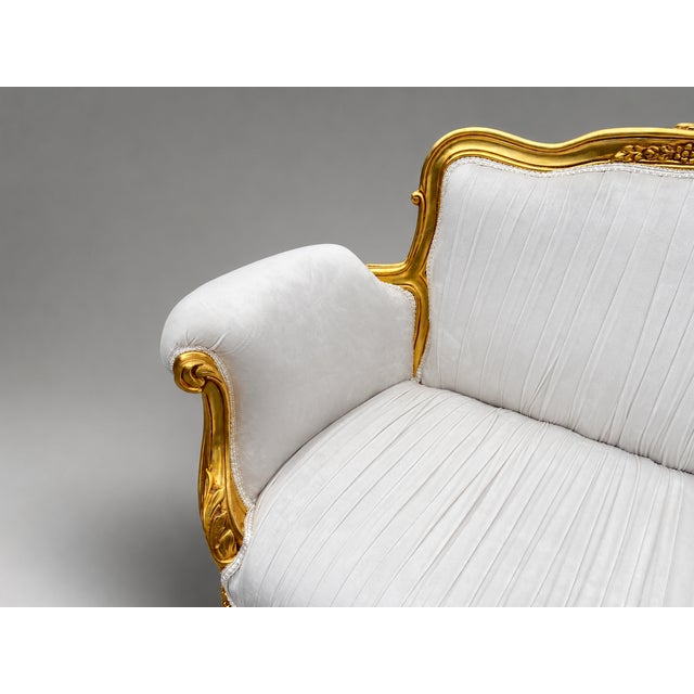 1980s French Louis XVI Gold Velvet Beech Settee For Sale - Image 11 of 16