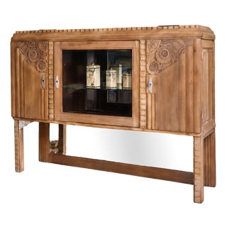Art Deco Walnut Display Cabinet with Carved Decorations and Brass Details, 1930s For Sale