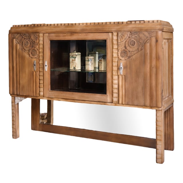Art Deco Walnut Display Cabinet with Carved Decorations and Brass Details, 1930s For Sale