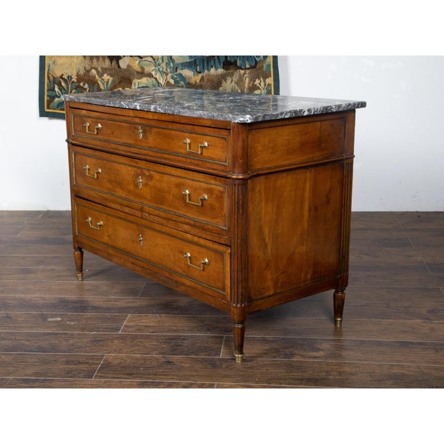 Wood French Directoire Style 19th Century Walnut Commode with Grey Marble Top For Sale - Image 7 of 12